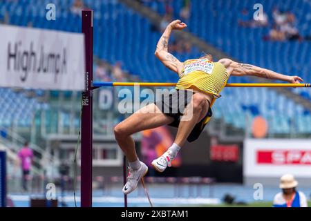 ROMA, ITALIA - 9 GIUGNO: La Germania Mateusz Przybylko gareggia nel salto in alto maschile durante la terza giornata dei Campionati europei di atletica leggera - Roma 2024 allo Stadio Olimpico il 9 giugno 2024 a Roma. (Foto di Joris Verwijst/BSR Agency) Foto Stock
