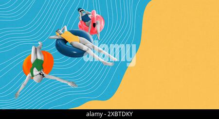 Le donne indossano costumi da bagno su colorati galleggianti della piscina su sfondo blu e giallo stilizzato con linee bianche ondulate, creando una scena da spiaggia surreale Foto Stock