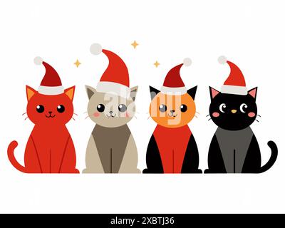 Quattro gatti dei cartoni animati con cappelli di Babbo Natale. Isolato su sfondo bianco. Gattini natalizi in rosso, grigio, arancione e nero. Concetto di Natale, animale domestico natalizio Illustrazione Vettoriale