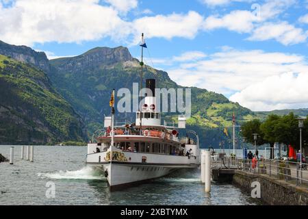 Ein Raddampfer fährt in Flüelen aus dem Hafen hinaus auf den Vierwaldstätter SEE. Foto: Winfried Rothermel *** Un piroscafo a pale salpa fuori dal porto di Flüelen verso il lago di Lucerna foto Winfried Rothermel Foto Stock