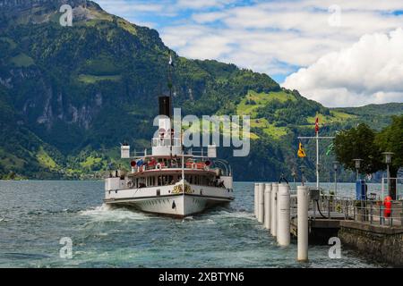 Ein Raddampfer fährt in Flüelen aus dem Hafen hinaus auf den Vierwaldstätter SEE. Foto: Winfried Rothermel *** Un piroscafo a pale salpa fuori dal porto di Flüelen verso il lago di Lucerna foto Winfried Rothermel Foto Stock