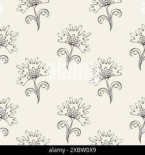 Motivo di contorno fiori, disegnato a mano su sfondo beige. Per sfondo, sfondo, imballaggio, rivestimento tessile. Illustrazione vettoriale Illustrazione Vettoriale