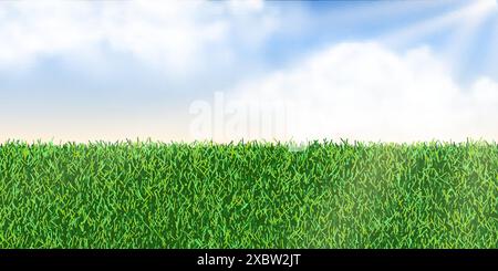Paesaggio estivo o primaverile. Prato verde e cielo azzurro con nuvole. Spazio vuoto campo di campagna. Pubblicità natura indietro Illustrazione Vettoriale