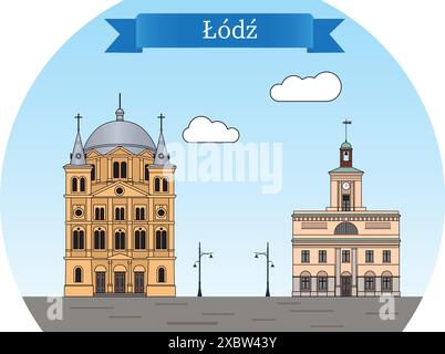 Lodz, Polonia. Vista dei famosi luoghi di interesse situati su Plac Wolnosci (Piazza della libertà) Illustrazione Vettoriale