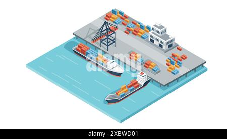 Terminal marittimo con navi da carico e gru cargo servizi di spedizione merci illustrazione dei vettori disegno isometrico Illustrazione Vettoriale