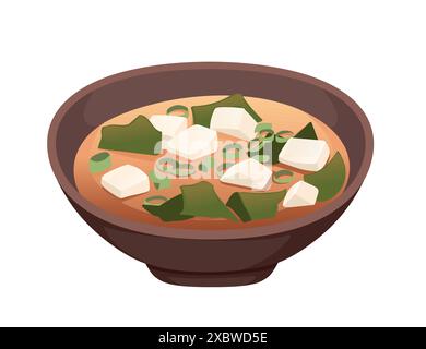 Zuppa giapponese tradizionale Miso in ciotola illustrazione vettoriale di cibo gustoso isolato su sfondo bianco Illustrazione Vettoriale