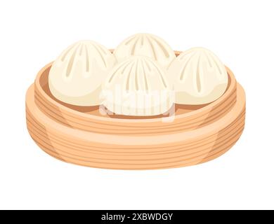 Baozi, panino cinese tradizionale di maiale al vapore, su vassoio rotondo di bambù, illustrazione vettoriale isolata su sfondo bianco Illustrazione Vettoriale