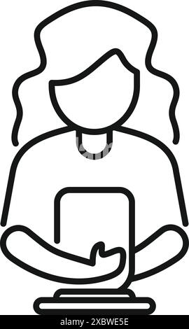 Disegno in linea di una donna che lavora da casa, con un tablet in mano Illustrazione Vettoriale