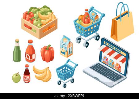 Collezione di icone a tema per la vendita al dettaglio di alimentari illustrazione vettoriale isometrica isolata su sfondo bianco Illustrazione Vettoriale