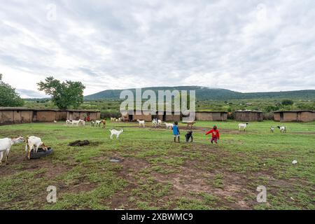 Tradizionale villaggio keniota Maasai con capanne di fango e argilla. Foto Stock