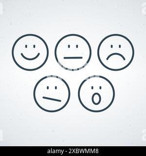 Set di icone sorridenti del contorno. Emoji in linea con stile alla moda. Line art emoticon. Illustrazione Vettoriale