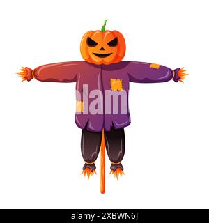 Personaggio dello Spaventapasseri con testa di zucca in stile cartoni animati. Lo spaventapasseri per halloween e allontanare gli uccelli dal raccolto. Illustrazione vettoriale isolata su Illustrazione Vettoriale