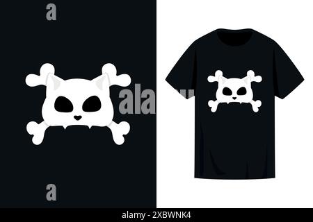 Stampa T-shirt con teschio di gatto e traversa. Emblema di Cat Jolly Roger. Illustrazione vettoriale Illustrazione Vettoriale