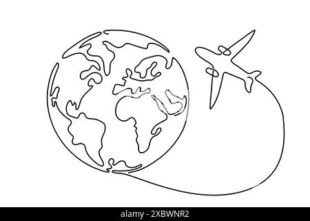 Disegno della linea del globo con l'aeroplano. Viaggi aerei e voli. Percorso di volo sulla mappa del mondo in semplice stile lineare. Illustrazione vettoriale Doodle Illustrazione Vettoriale