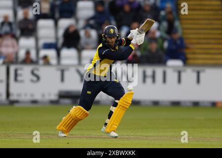 Graham Clark ha battuto Durham durante il Vitality T20 Blast match tra Durham e Leicestershire Foxes al Seat Unique Riverside, Chester le Street, mercoledì 12 giugno 2024. (Foto: Mark Fletcher | mi News) crediti: MI News & Sport /Alamy Live News Foto Stock