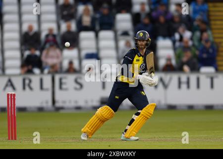 Graham Clark ha battuto Durham durante il Vitality T20 Blast match tra Durham e Leicestershire Foxes al Seat Unique Riverside, Chester le Street, mercoledì 12 giugno 2024. (Foto: Mark Fletcher | mi News) crediti: MI News & Sport /Alamy Live News Foto Stock