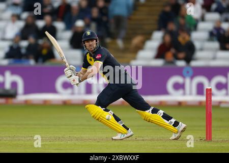 Ashton Turner di Durham ha battuto durante il Vitality T20 Blast match tra Durham e Leicestershire Foxes al Seat Unique Riverside, Chester le Street, mercoledì 12 giugno 2024. (Foto: Mark Fletcher | notizie mi) Foto Stock