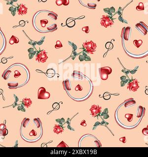 Romantico motivo musicale senza cuciture con cuffie rosse, cuori e rose. L'illustrazione ad acquerello è fatta a mano. Su sfondo rosa. Per tex Foto Stock