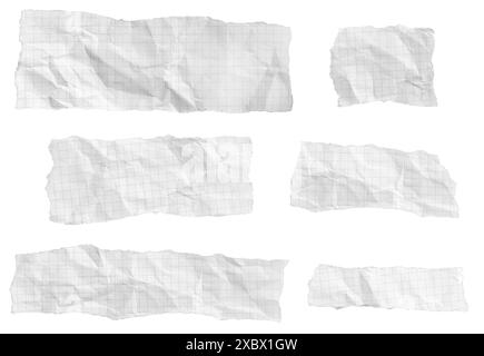 Set di pezzi di carta grafica strappati e deformati isolati su sfondo bianco. Modello modello Foto Stock