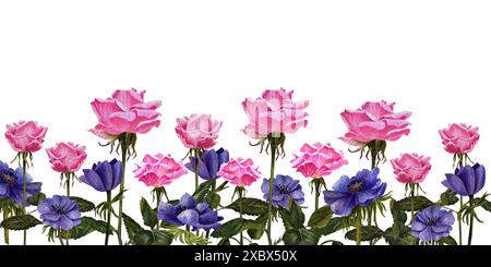 Bellissimi striscioni di rose rosa finiscono con fiori e foglie di anemoni Foto Stock