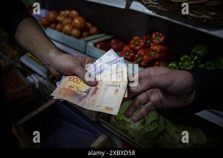 Buenos Aires, Argentina. 1 giugno 2024. Una persona usa 1.000 banconote per pagare la spesa in un negozio di fruttivendolo. I prezzi dei prodotti alimentari sono aumentati del 4,8% a maggio. L'aumento annuo dei prezzi dei prodotti alimentari è del 289,4%. Crediti: Cristina Sille/dpa/Alamy Live News Foto Stock