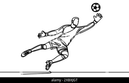 Singola linea continua di tiro del portiere giocatore di calcio maschile che cattura palla nel salto. illustrazione vettoriale grafica con disegno a una linea. Illustrazione Vettoriale