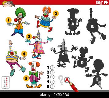 Illustrazione di cartoni animati che mostra come trovare le ombre giuste per le immagini attività educative con i personaggi dei clown comici Illustrazione Vettoriale