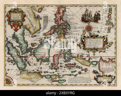 Mappa d'epoca. Antica mappa decorativa delle Indie Orientali dall'Atlante Mercator-Hondius. Jodocus Hondius 1633 [Insulae Indiae Orientalis Praecipuae, in quibus Moluccae celeberrime sunt] Foto Stock