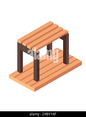 Gazebo isometrico rettangolare moderno realizzato in tavole di legno per illustrazione vettoriale dei parchi pubblici isolato su sfondo bianco Illustrazione Vettoriale