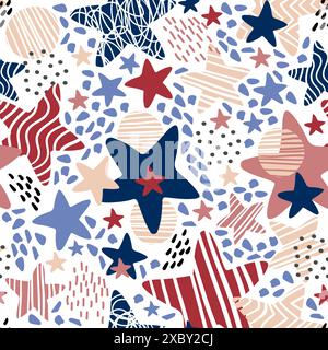 Motivo artistico senza cuciture con puntini astratti e stelle in colori luminosi. Sfondo infinito dell'illustrazione vettoriale. Design moderno e alla moda per carta, c Illustrazione Vettoriale