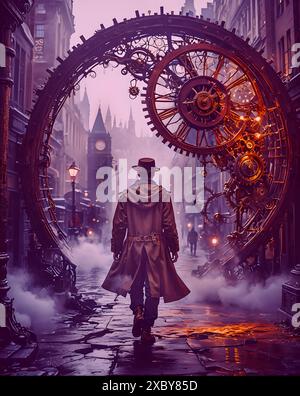 "Time Warp" è una rappresentazione potente ed emotiva di un uomo che entra in un portale del tempo, tra le imponenti strutture di Londra, Inghilterra, intorno al 1910 Foto Stock