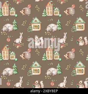 Motivo senza cuciture con alberi di Natale, case e animali ad acquerello Foto Stock