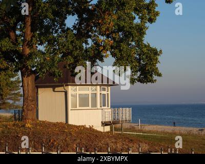 Piccola casa sotto un grande albero con vista sul mare alla luce autunnale, Binz, Ruegen, Germania Foto Stock