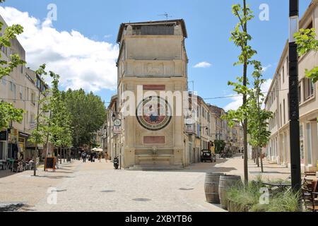 Fontana Fontaine Amedee Pichot costruita nel 1885, Amedee, Arles, Bouches-du-Rhone, Camargue, Provenza, Francia Foto Stock