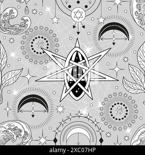 Pattern senza cuciture con onde, pentagramma, simboli solari e mistici. Design con stampa di tatuaggi, poster o altare; sfondo esoterico, wicca e gotico Illustrazione Vettoriale