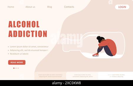 Dipendenza da alcol. Modello di landing page. Donna africana depressa seduta sul fondo della bottiglia e abbracciata le ginocchia. Illustrazione vettoriale piatta Illustrazione Vettoriale