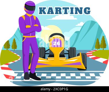 Illustrazione vettoriale di Karting Sport con un gioco di corse Go Kart o Mini Car su un circuito di piccole dimensioni con un design di sfondo di cartone animato in stile piatto Illustrazione Vettoriale