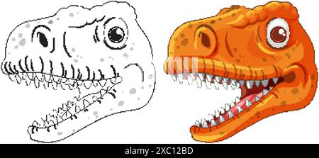 Vector illustration of dinosaur heads in color and outline Illustrazione Vettoriale