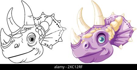 Vector illustration of dinosaur heads in color and outline Illustrazione Vettoriale