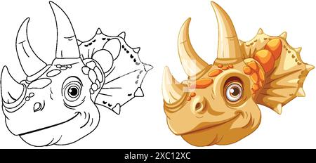 Illustration of dinosaur heads in color and outline Illustrazione Vettoriale