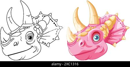 Vector illustration of dinosaur heads in color and outline Illustrazione Vettoriale