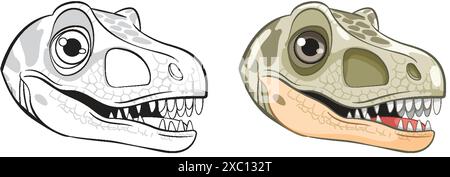 Two dinosaur heads, one colored, one outlined Illustrazione Vettoriale