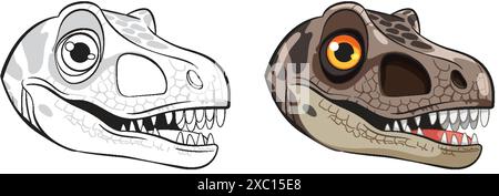 Color and outline dinosaur head illustrations Illustrazione Vettoriale