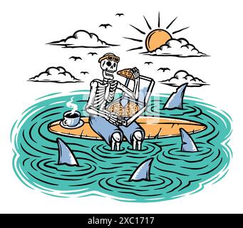 Illustrazione del cranio che mangia pizza sulla tavola da surf Illustrazione Vettoriale