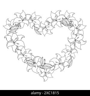 Lillies line art Flower Heart Wreath per la carta di nozze o gli inviti. Modello di illustrazione vettoriale disegnato a mano. Illustrazione Vettoriale