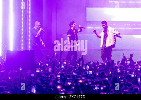 Milano, Italia, il 13 giugno 2024 Kendall Schmidt, Logan Henderson, James Maslow della boy band pop americana Big Time Rush in concerto a Milano, Italia, il 13 giugno 2024 Foto Stock