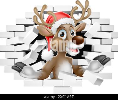 Renne di Natale a Santa Hat Breaking Wall Illustrazione Vettoriale