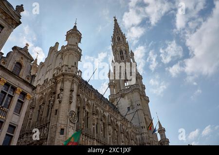 Architettura classica sulla Grand Place di Bruxelles. E' circondato da sontuose case delle corporazioni e da due edifici piu' grandi, il Municipio e il Pane ho Foto Stock