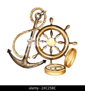 acquerello nautico arrugginito in metallo vecchio, ancora e corda marina, volante per barche marroni vintage, bussola di navigazione, illustrazione marina isola Foto Stock