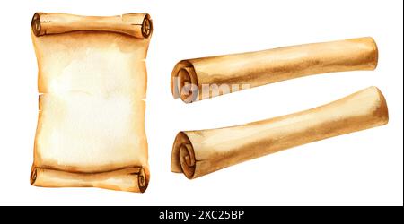 set di vecchi fogli di carta marrone acquerello, antica carta beige testurizzata vintage, pergamene per illustrazioni con bordi e macchie strappati e arrotolati, hori Foto Stock